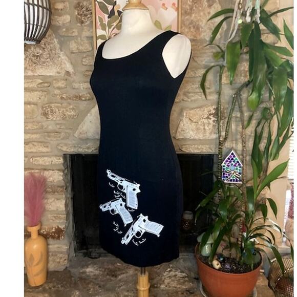 Upcycled 80s Black Tank Dress – Screen Printed White Guns – OOAK - Picture 1 of 8